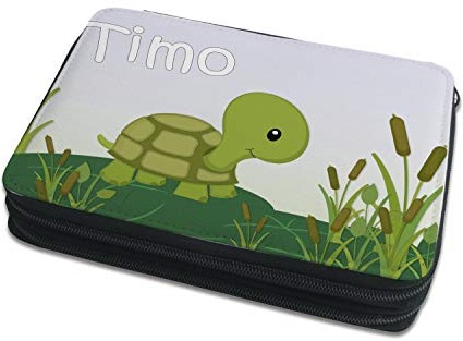 CreaDesign Kinder Federmäppchen mit (Wunsch) Namen, einzigartige Federtasche durch Personalisierung, Schulmäppchen - Motiv Schildkröte