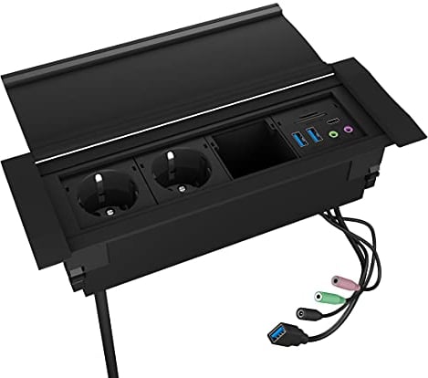 ICY BOX Tischsteckdose mit USB, versenkbar, USB 3.0 Hub, Kartenleser, Audio, Dual Steckdose, Aluminium, Schutzklappe, Schwarz, IB-TS401-4