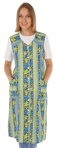 Schuerzenfabrik Knopfkittel Baumwolle bunt Kochschürze Hauskleid Kittel Schürze ohne Arm, Farbe:grün, Größe:50