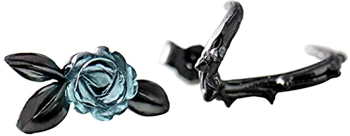 LOKILOKI Pendientes De Botón Negros con Diseño De Rosa De Cristal Azul De Espina De Plata S925 para Mujer, Pendiente De Flor De Asimetría, Regalo De Joyería Femenina