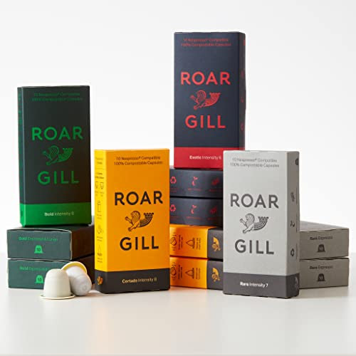 Roar Gill Colossal Variété 120 dosettes de café compostables – Compatible avec les machines Nespresso Original – Niveau d'intensité 7 – Cacao superposé, noisettes et cèdre – 100 % sans plastique et