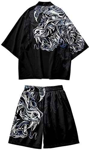 DOSLAVIDA Ensemble kimono de style japonais léger, veste ouverte sur le devant, pour hommes, tenue de plage, d’été, deux pièces, X-Large