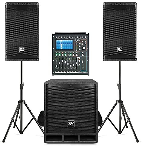 Power Dynamics COMBO1800 Complete PA System for Live Bands with DigiLive16 Mixer, 18-inch Subwoofer, Compact Satellite Speakers, Bluetooth & Speaker Stands for Live Sound & Gigs