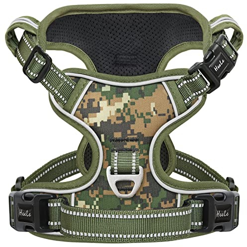 HEELE Harnais Chien, Anti Traction Réfléchissant Camouflage Harnais pour Grand Chien avec Poignée Rembourrée, 1 Boucle sur la Sangle Droite de Cou Rendent Facile à Mettre et à Enlever, Camo-Vert, XL