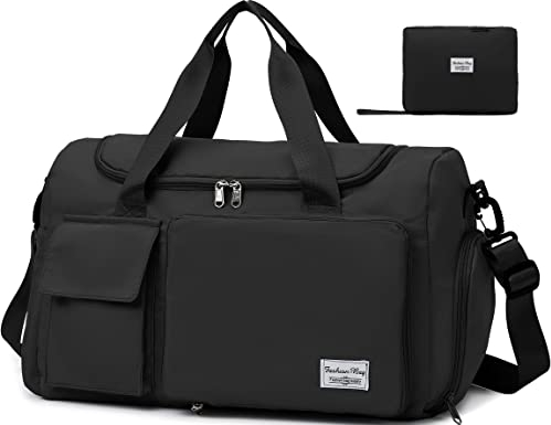 Tokeya Bolsa Deporte Mujer Hombre con Compartimentos para Zapatos y Bolsillo Húmedo Bolsa de Viaje Plegable, Impermeable Macuto Gimnasio, Ligera Bolsa de Deporte Fin de Semana para Natación, Negro