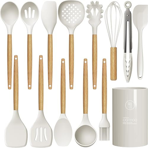14 Pcs Silicone Cooking Utensils Kitchen Utensil Set - 446°F Heat Resistant,Turner Tongs, Spatula, Spoon, Brush, Whisk, Wooden Handle Kitchen Gadgets with Holder for Nonstick Cookware (BPA FREE) White