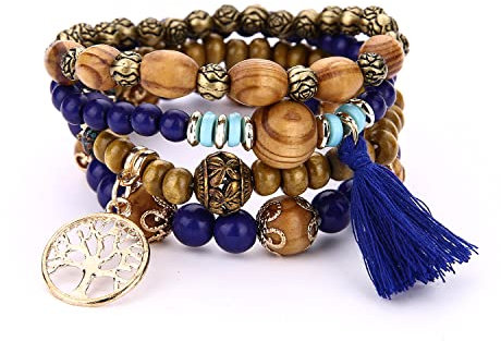 GAUEIOUR Boho Beaded Bracelet,Tree of Life Pendant Multi layered Wood Bead Tassel Bracelet, Elastic Travel Souvenir Jewelry Set, Bohemian Style Jewelry Gifts (Royal Blue, Set of 4)