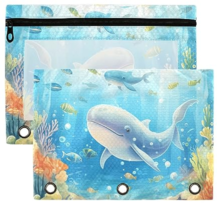 Wudan Ocean Dolphin Fish Blue Cyan Green 3 Ring Binder Pencil Pouch 2 Pack Clear Waterproof Plastic Pencil Case with Zipper Cosmetic Bag Office Document Organizer