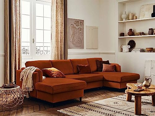 Lisa Design Brooke – Wohnlandschaft U-Form – 7-Sitzer – mit Schlaffunktion und Bettkasten – aus Samt Rostfarben