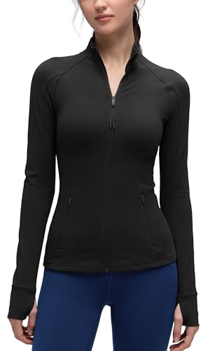 CRZ YOGA Butterluxe Hip Length Jackets for Women - Full Zip Athletic Track Tops with Thumb Holes Pockets Black Large
