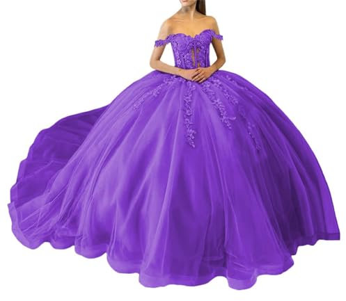 Robes de quinceanera à paillettes scintillantes en dentelle à épaules dénudées avec train Princesse Robe de bal en tulle bouffante, violet, 40