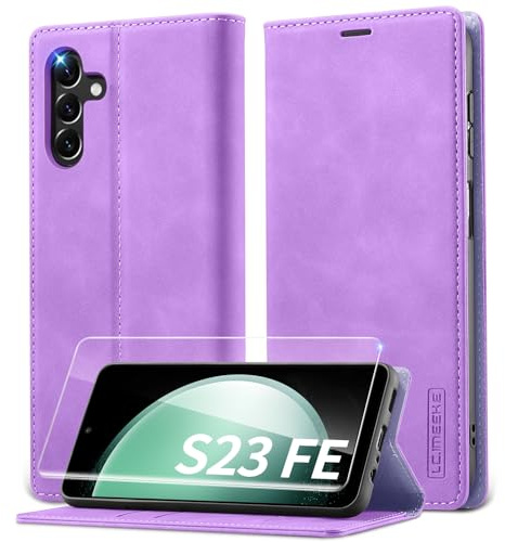 Lanhiem Handyhülle für Samsung Galaxy S23 FE Hülle mit Panzerglas, Premium PU Leder Schutzhülle, RFID Sperrung Flip Wallet Case für Samsung Galaxy S23 FE 5G Klapphülle, Lila