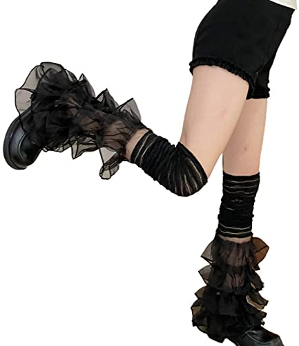 Baynoyia Y2K Summer Mesh Leg Sleeves Japanese Lolita Lace Leg Warmers Pearls Dec Sweet Ruffle Long Socks Leg Cuffs, Black, One Size