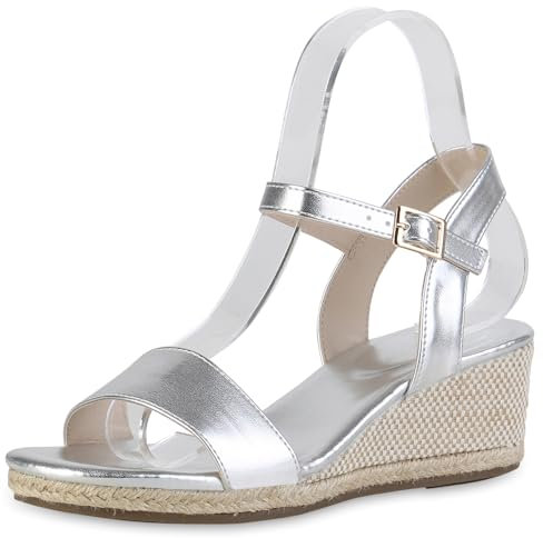 VAN HILL Damen Keilsandaletten Keilabsatz Bast Trendy Schuhe 215194 Silber 38