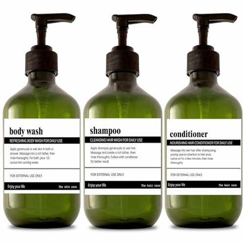 Abriclo 3er Seifenspender Set, 500ml Seifenspender Dusche Pumpspender Nachfüllbarer Kunststoff-Lotionsspender mit Wasserdichten 8er Kategorie Etikett für Dusche/Küche/Badezimmer Bad– Grün