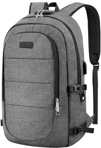 VSNOON Anti-Theft Laptop Backpack, 18.4 inch Business Laptop Rucksack Bag with USB Charging Port & Lock, Water Resistant Travel Backpack Computer Bag for Women Men, Travel Work Bag, Grey