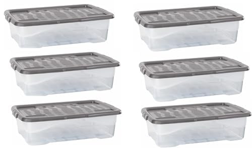 Strata 6 x 30 Litres Curve Plastic Stackable Storage Box & Lid with clip-on lids, 6 Pack, Multi storage box for home and office storage solution Clear Box, Grey Lid, (17cm H x 40cm W x 60cm D)