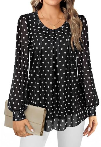 Gemulate Womens Tops Long Sleeve Tops Women Crew Neck Loose Fit Ladies Tops Party Tops for Women Chiffon Tops for Women UK Double Layer Ladies Top Floral Top Shirt - Black Dot, M