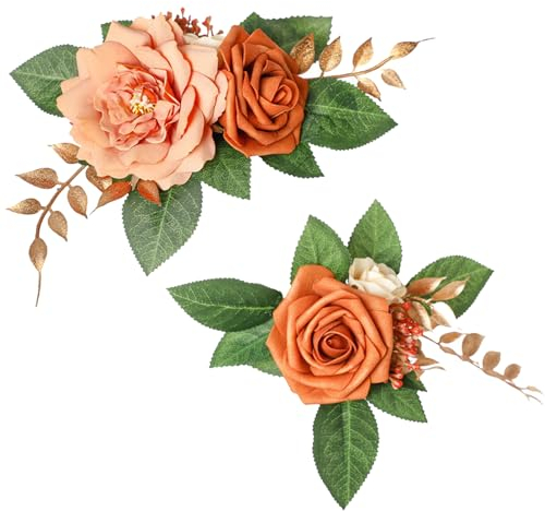 Marooma Lot de 2 Fleurs Artificielles pour Décoration de Gâteau de Mariage, Arrangements Floraux de Roses Orange Brûlées, Fleurs de Décoration de Gâteau, Fleurs de Gâteau