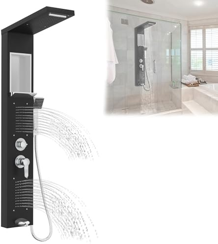 YRHome 5-in-1 Duschpaneel Edelstahl Duschsystem Duscharmatur Regendusche mit Regenduschfunktion, Aufbewahrungsfach, Zwei-in-Eins Duschkopf, flexible Handbrause & Massagefunktionen Schwarz