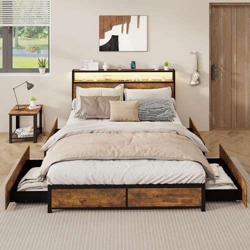 COSTWAY Letto Matrimoniale 160x200 cm, con 4 Cassetti e Testiera, Struttura Letto con Luci LED Regolabile e Presa Multipla, Carico Massimo 300kg, Silenzioso