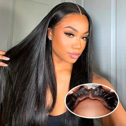 Echthaar Perücke 4x4 HD Lace Front Wig Human Hair Pre Plucked Straight Wear and Go Glueless Wigs Human Hair Wigs For Black Women Natürliche Schwarze Farbe Perücken Echthaar No Glue 18 Zoll