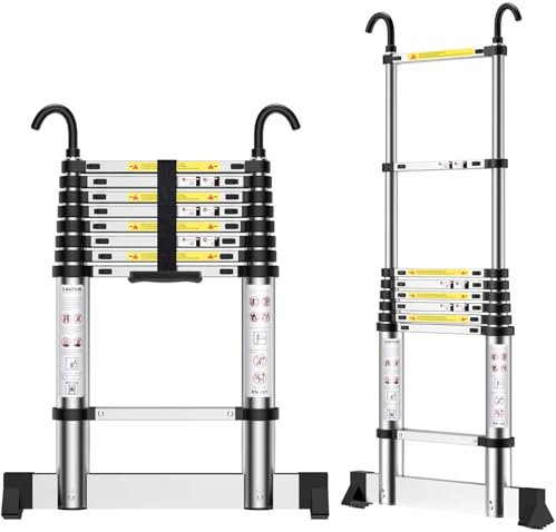 EOXCIIU Telescopic Ladder 2.6m, Aluminium Extendable Ladder with Hooks and stabiliser, Height Adjustment, Convenience for Home, Attic Access, etc.