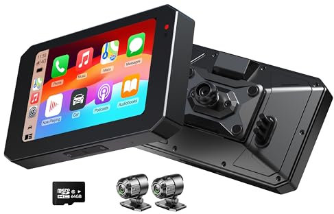 YolanAuto MT5 Sistema de Navegación Inteligente para Moto, Pantalla IPS de 5 60Hz con CarPlay y Android Auto, GPS Integrado, IP68 Resistente al Agua, Cámaras Delantera/Trasera