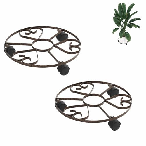 AufuN 2 Stück Pflanzenroller Rund Metall, Ø32cm Blumentopf Untersetzer mit Abschließbaren Rollen, Blumenroller Pflanzen Rollbrett Transportroller Für Innenbereich Außenbereich Haus und Garten, Tye E