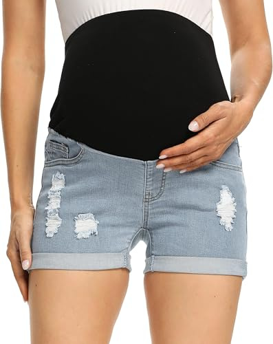 Gowjog Short en Jean de Maternité Short de Grossesse Shorts Court pour Taille Haute Ourlet Revers L'été Shorts de Grossesse (Bleu Clair,L)