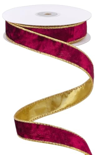 MAYJOYDIY Cinta de terciopelo rojo vino y dorado de 9,1 m con alambre de 25 mm de ancho, cinta decorativa de terciopelo unilateral con parte trasera dorada para árbol de Navidad, guirnalda, decoración