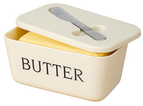Butterdose Kunststoff BPA-frei mit Edelstahl Buttermesser, Multi-Funktion Butter Dish, 250 g Butter Dish, Butterbox für Haushalt und Küche (Weiß)