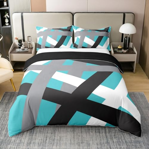Homemissing Abstrakte Kunst 100% Baumwolle Bettwäsche Set 200x200cm Türkis Schwarze Streifen Design Betten für Jungen Mädchen Geometrische Geometrie Bettbezug Retro Teal Zimmer Dekor