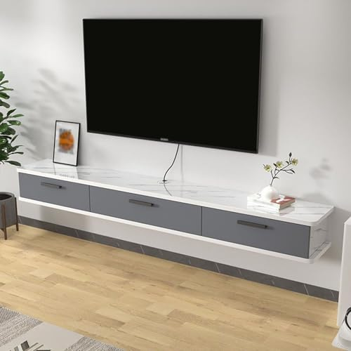 Schwebender TV-Ständer, Wandmontage, lange TV-Konsole mit Klapptür, stilvolle Aufbewahrungslösung für Wohnzimmer, platzsparend, hängender TV-Schrank (W-Graue Streifen, 120 x 22 x 20 cm)