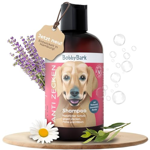 Bobby Bark Hundeshampoo Anti-Zecken – Natürlicher Schutz gegen Zecken, Flöhe & Milben mit Teebaumöl, Lavendelöl & Kamille – Mild & Hautfreundlich – pH-neutral, Vegan, Pflegend