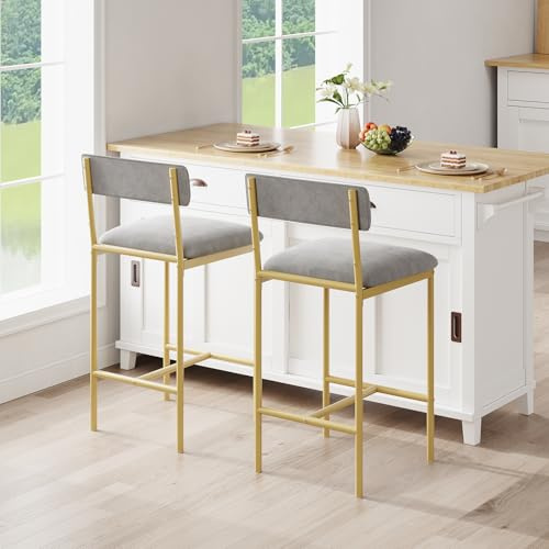 GarveeHome Barhocker 2er Set, 64cm Hohe Küchenhocker mit Rückenlehne & Fußstütze & Gepolsterter, Bistrohocker, Barstühle aus Kunstleder Metall Gut Gepolsterte Sitzfläche für Bar Theke Café, Golden