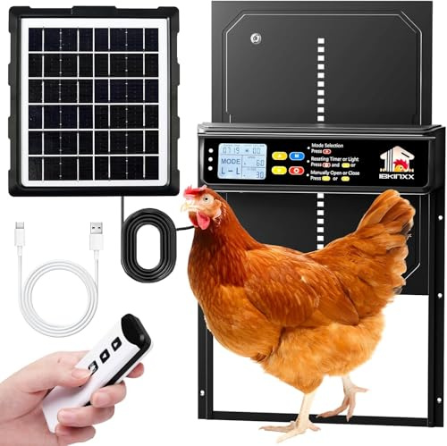 Porte automatique de poulailler à énergie solaire avec minuterie, capteur de lumière, télécommande, écran LCD, alliage d'aluminium, 4 modes automatiques, porte de poulailler de grande taille
