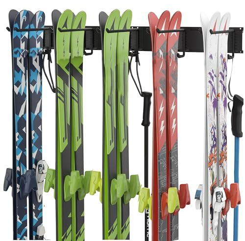 Skiaufbewahrung Skihalter für 10 Paare Ski Snowboard Rack Wandhalterung | Skiträger,Aufbewahrungssystem,Ski Storage Rack ,Haus und Garage Wandhalterung hält 300LBS/136KG,Anpassbarer Hakenabstand