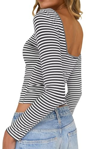 TUUHAW Camiseta Manga Larga Mujer Cuello Barco Y2K Gris Blanco M