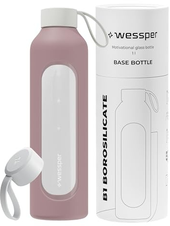 Wessper Borraccia 1 Litro, Bottiglia Motivazionale con Scala di Idratazione, Borraccia in Vetro Borosilicato con Custodia in Silicone, Materiale Sicuro Senza BPA - Rosa Sporco