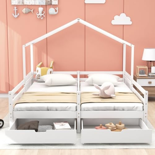 Merax Hausbett Doppelbett für Kinder mit Gitter und 2 MDF-Schubladen, Lattenrost aus Kiefer, Weiß (200x90cm)