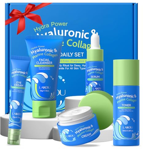 LAIKOU Kollagen + Hyaluronsäure Skincare, 5Stück Gesichtspflege Set Damen | Hautpflege Reiseset Reinigung Feuchtigkeit Beruhigende Pflege, für Valentinstag Muttertag Geburtstag