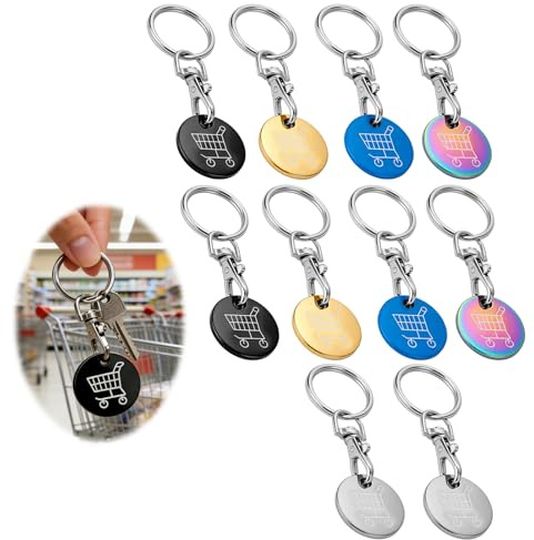 NYVOR Lot de 10 Pièces Jeton Caddie, 5 Couleurs Jetons de Caddie Universels en Métal avec Porte-clés, Pratique Porte Clé Jeton Caddies Chariot de Courses pour Ouverture de Caddies
