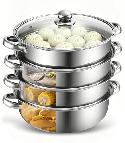 Dampfgarer Topf 28cm - 4-stufiger Edelstahl-Dampfkocher mit Glasdeckel - Für Suppe, Gemüse, Nudeln & Meeresfrüchte - Induktionsgeeignet & Spülmaschinenfest