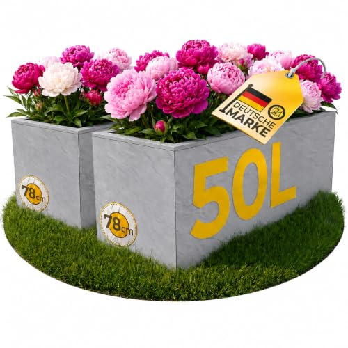 Ondis24 2X Pflanzkübel Vulkano, je 50L Pflanzvolumen, rechteckig, Blumenkasten mit Wasserspeicher, Balkon Terrasse, Blumenkübel, Doppelpack (Hellgrau)
