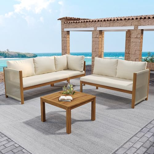 Set da Conversazione per Patio, Set di Mobili da Giardino con Divano Angolare e Tavolino, Struttura in Acacia, Piano del Tavolo in Acacia, Set di Mobili per Terrazza, Balcone, Area piscina, Beige