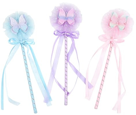 Lot de 3 Baguette de Fée, Baguette Papillon Pailletée Fournitures de Fête de Fée Costume, pour Noël, Fête D'anniversaire