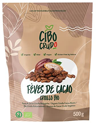 Fave di Cacao Crudo Biologico - 500g. Qualità Criollo Bio e Naturali. Cacao Beans dal Perù dalla Pianta Theobroma Cacao. Intenso, Aromatico, Gusto Amaro.