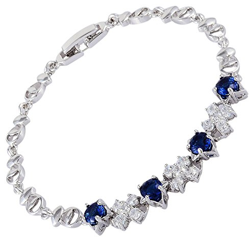 RIVA Tennis Armband [18cm/7inch] mit Rundschliff Edelstein Zirkonia CZ [Blau Saphir] in 18K Weißgold Vergoldet, Einfache Moderne Eleganz