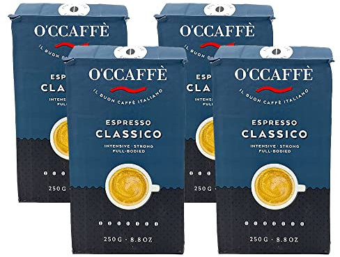 O'CCAFFÈ – Espresso Bar, 4 x 250 gr Kaffee gemahlen Espresso Classico, italienischer Espresso gemahlen, 70% Robusta / 30% Arabica, Gemahlener Kaffee mit feiner Haselnussnote